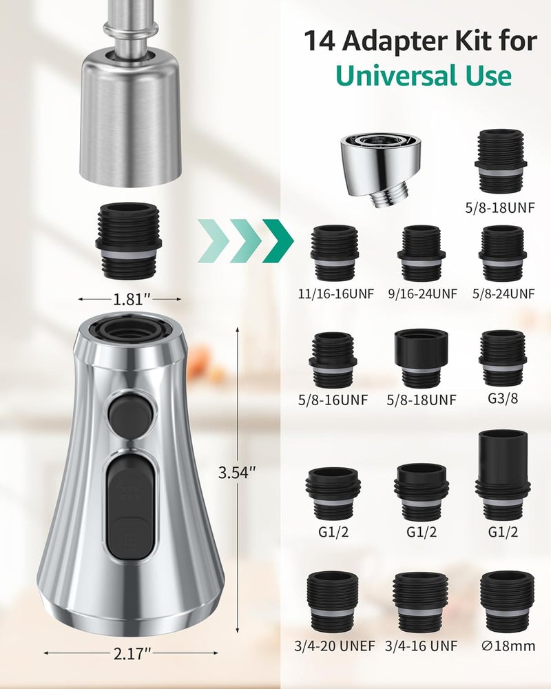 Mbillion Universal Polished Chrome Kitchen Faucet Head Replacement, 3 Function ABS Sink Faucet Head, Pull-Down Nozzle with 14 Adapters, Compatible with Moen,Delta,Kohler,WEWE American Standard - Image 2